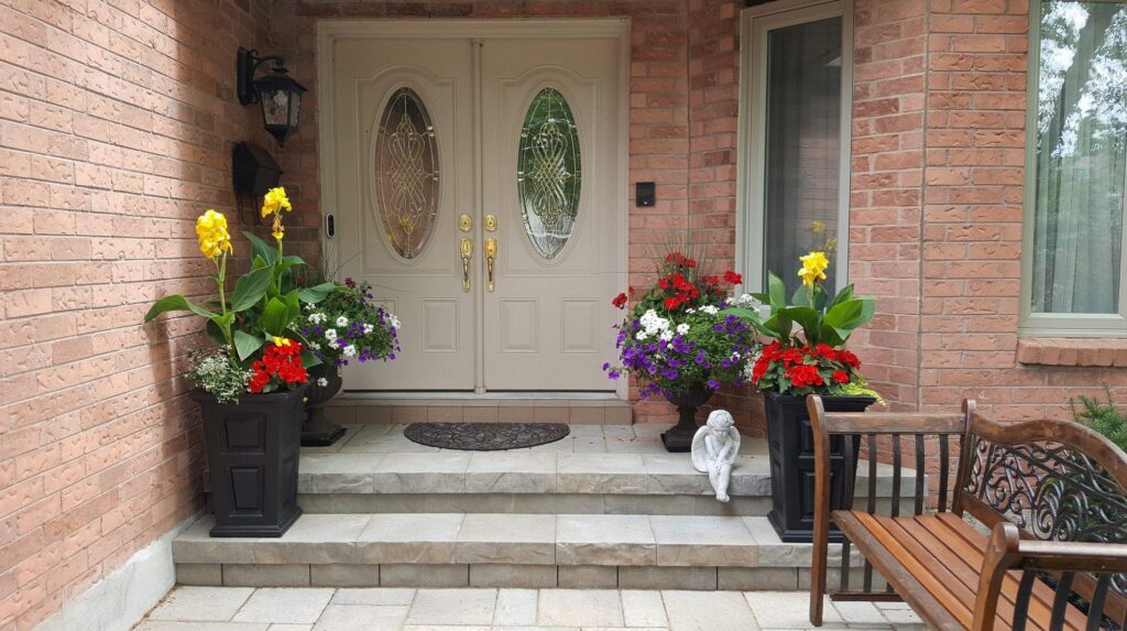 A front entranceway with white double doors and 2 grey paver stone steps leading down to a paver stone platform. Tall colourful planters and an angel statue sit on the steps. (Image opens in modal window)
