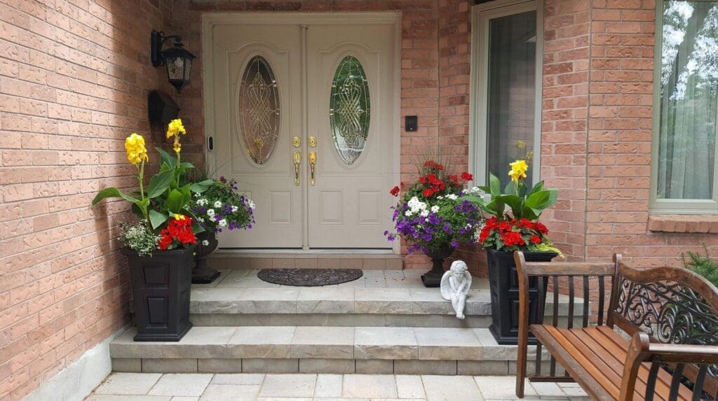 A front entranceway with white double doors and 2 grey paver stone steps leading down to a paver stone platform. Tall colourful planters and an angel statue sit on the steps. (Image opens in modal window)