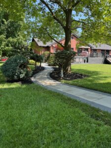 A homeowner spreads black mulch in a well-maintained garden bed in front of a brick house during spring landscaping.